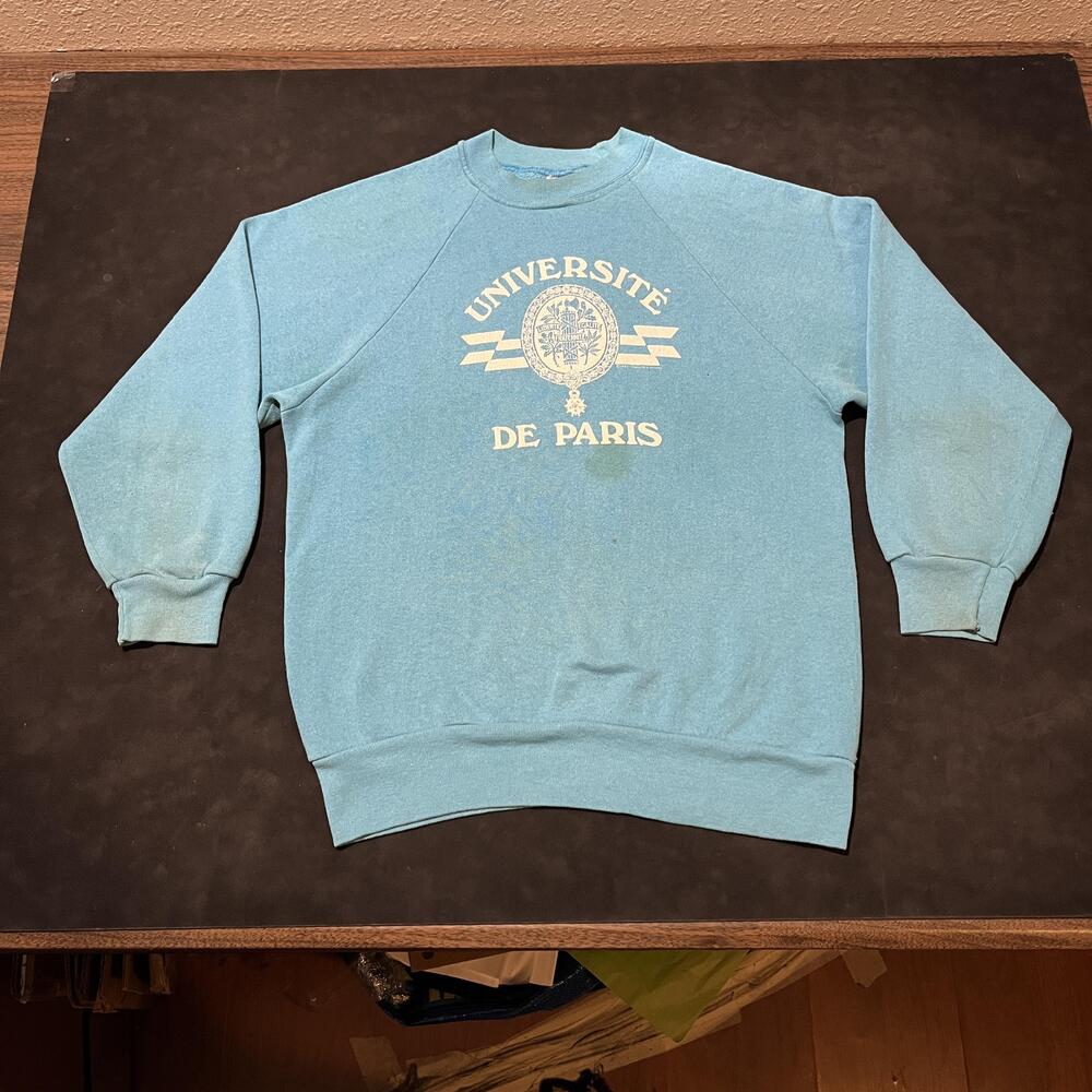Vintage French College 60s Flocked Sweatshirt Université De Paris 1970s Sweater